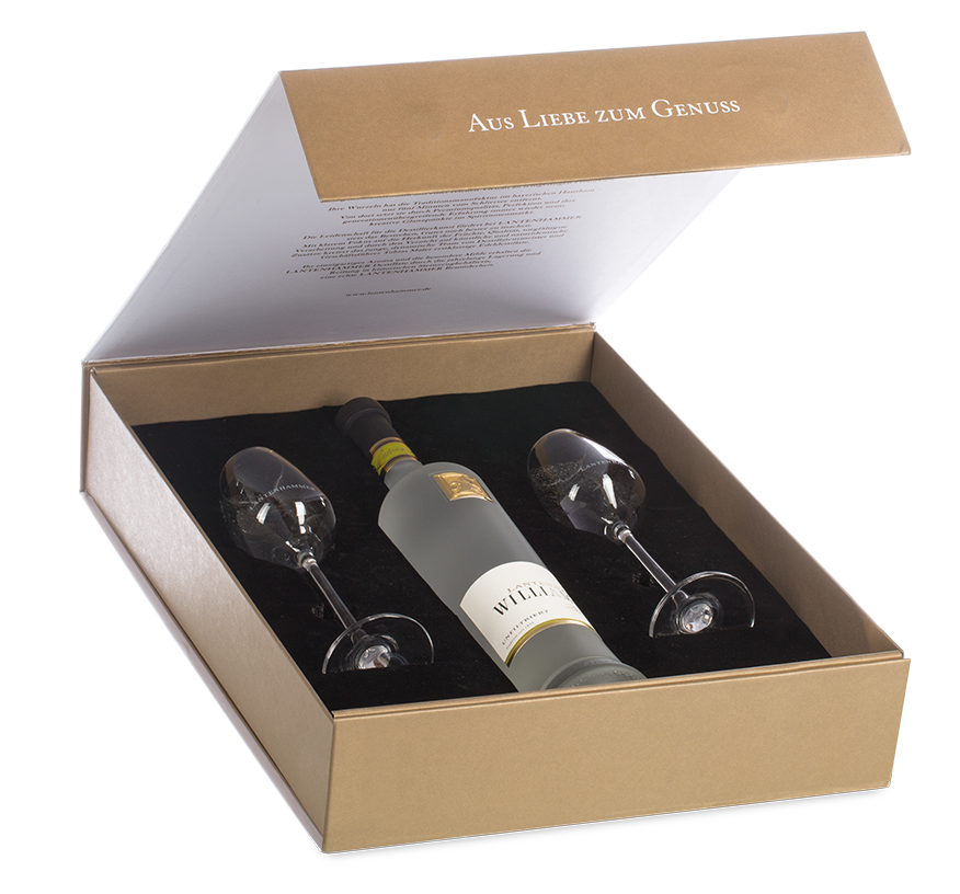 Geschenk-Box für 1 Edelbrand 0,5l + 2 Gläser