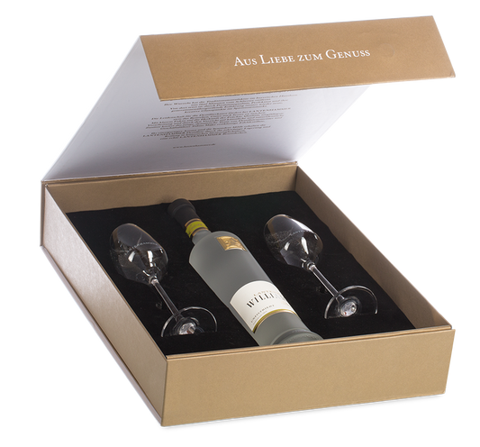 Geschenk-Box für 1 Edelbrand 0,5l + 2 Gläser