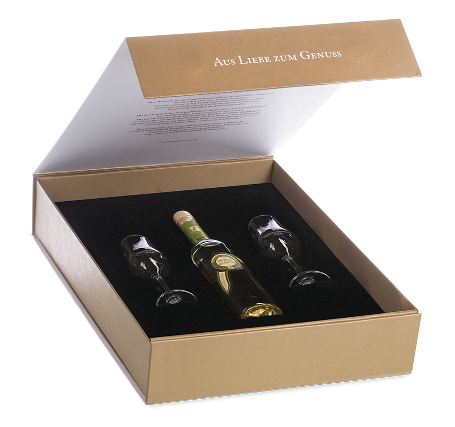 Geschenk-Box für 1 Fl. Spezialitäten 0,35l und 2x Bouquetgläser